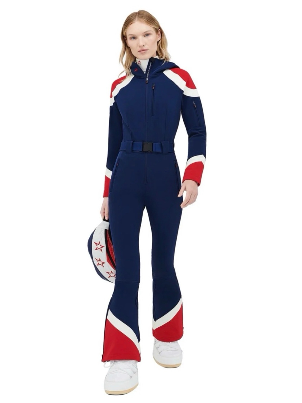 Women’s Perfect Moment Allos Ski Suit Navy Blue Red Small Belted Ski Suit